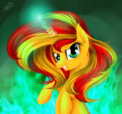 Size: 1024x956 | Tagged: safe, artist:happyksu, sunset shimmer, pony, unicorn, evil grin, fiery shimmer, fire, green fire, grin, happy, looking at you, magic, smiling, smirk, solo