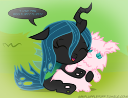 Size: 650x500 | Tagged: safe, artist:mixermike622, queen chrysalis, oc, oc:fluffle puff, changeling, changeling queen, nymph, cute, cutealis, filly, miss fluffy fluffs, text, tumblr:ask fluffle puff