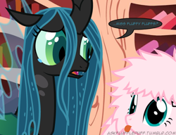 Size: 650x500 | Tagged: safe, artist:mixermike622, queen chrysalis, oc, oc:fluffle puff, changeling, changeling queen, single panel, text, tumblr:ask fluffle puff