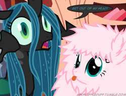 Size: 650x500 | Tagged: safe, artist:mixermike622, queen chrysalis, oc, oc:fluffle puff, changeling, changeling queen, text, tumblr:ask fluffle puff