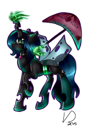Size: 818x1158 | Tagged: safe, artist:villiadash, queen chrysalis, changeling, changeling queen, collar, simple background, solo, transparent background, umbrella