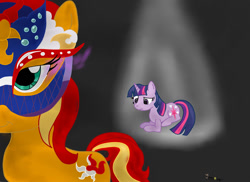 Size: 1048x762 | Tagged: dead source, safe, artist:swoopypoolin, masquerade, sunset shimmer, twilight sparkle, pony, glowing eyes, mask, masked shimmer