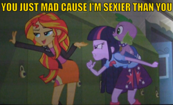 Size: 796x485 | Tagged: safe, edit, edited screencap, screencap, spike, sunset shimmer, twilight sparkle, dog, equestria girls, equestria girls (movie), caption, female, image macro, male, meme, spike the dog