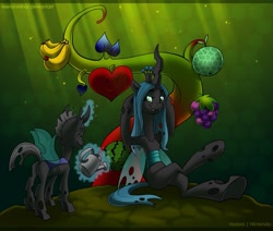 Size: 1061x900 | Tagged: safe, artist:merionminor, queen chrysalis, changeling, changeling queen, banana, changeling loves watermelon, commission, duo, food, fruit, grapes, hooves behind head, leaning back, sitting, super happy tree, super mario bros., watering can, watermelon, yoshi's story