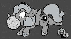 Size: 1201x672 | Tagged: safe, artist:lightbulb, princess luna, alicorn, pony, filly, monochrome, moon, mouth hold, solo, tangible heavenly object, woona