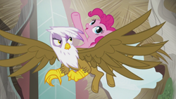 Size: 1920x1080 | Tagged: safe, derpibooru import, screencap, gilda, pinkie pie, earth pony, griffon, pony, the lost treasure of griffonstone, animation error