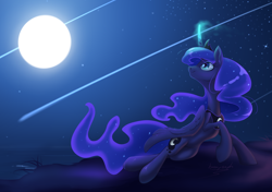 Size: 900x633 | Tagged: safe, artist:bronyseph, princess luna, alicorn, pony, female, glowing horn, horn, mare, moon, night, signature, smiling, solo