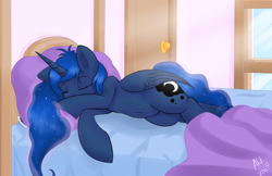 Size: 1350x875 | Tagged: safe, artist:average-hanzo, princess luna, alicorn, pony, bed, belly button, eyes closed, female, implied lesbian, implied shipping, implied twiluna, mare, on side, sleeping, solo