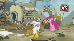 Size: 1920x1080 | Tagged: safe, derpibooru import, screencap, gilda, pinkie pie, earth pony, griffon, pony, the lost treasure of griffonstone, animation error, duo, female, griffon scone, griffonstone, mare, scrunchy face