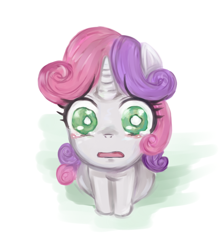 Size: 650x726 | Tagged: safe, artist:kuromozuku, sweetie belle, pony, unicorn, female, filly, looking at you, open mouth, simple background, solo, solo female, white background, wide eyes