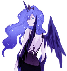 Size: 840x895 | Tagged: safe, artist:megarexetera, princess luna, human, back, horned humanization, humanized, simple background, solo, winged humanization