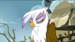 Size: 1920x1080 | Tagged: safe, derpibooru import, screencap, gilda, griffon, the lost treasure of griffonstone, discovery family logo, eyes closed, solo