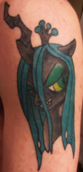 Size: 382x782 | Tagged: dead source, safe, artist:skunk412, queen chrysalis, changeling, changeling queen, human, bust, female, horn, solo, tattoo