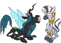 Size: 1700x1200 | Tagged: safe, artist:skittles-z0mbie, queen chrysalis, zecora, changeling, changeling queen, zebra, hoers, simple background, unamused