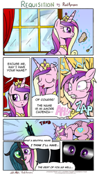 Size: 3655x6516 | Tagged: safe, artist:redapropos, princess cadance, queen chrysalis, alicorn, changeling, changeling queen, pony, comic, prologue