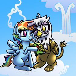 Size: 1125x1125 | Tagged: safe, artist:rawrienstein, derpibooru exclusive, derpibooru import, gilda, rainbow dash, griffon, pegasus, pony, the lost treasure of griffonstone, chickub, cute, duo, friendshipping, juice box