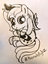 Size: 1535x2056 | Tagged: safe, artist:karmakstylez, princess luna, alicorn, pony, filly, monochrome, solo, traditional art, woona