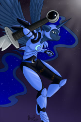 Size: 686x1024 | Tagged: safe, artist:bingodingo, princess luna, alicorn, anthro, armor, solo, sword