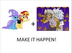 Size: 664x496 | Tagged: safe, sunset shimmer, trixie, pony, equestria girls, exploitable meme, lady gaga, leather pants, make it happen, marik ishtar, meme, parody, ryo bakura, yu-gi-oh!, yugioh abridged