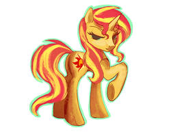 Size: 500x385 | Tagged: dead source, safe, artist:cosmicunicorn, sunset shimmer, pony, looking at you, looking back, raised hoof, simple background, solo