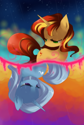 Size: 1000x1480 | Tagged: dead source, safe, artist:loyaldis, sunset shimmer, trixie, pony, unicorn, female, sad