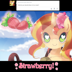 Size: 900x900 | Tagged: dead source, safe, artist:loyaldis, sunset shimmer, pony, unicorn, ask, cute, female, flower, flower in hair, food, heart eyes, mare, shimmerbetes, smiling, solo, strawberry, tumblr, wingding eyes