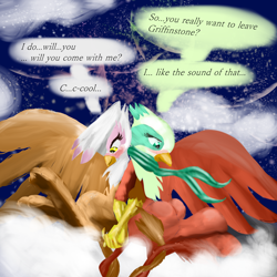 Size: 2000x2000 | Tagged: safe, artist:billyggruff, derpibooru import, gilda, greta, griffon, the lost treasure of griffonstone, blushing, dialogue, female, grelda, lesbian, shipping