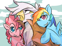 Size: 1200x898 | Tagged: safe, artist:tyuubatu, derpibooru import, gilda, pinkie pie, rainbow dash, earth pony, griffon, pegasus, pony, cloud, female, mare, sky, snuggling