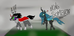 Size: 1024x502 | Tagged: safe, artist:sophythekat, king sombra, queen chrysalis, changeling, changeling queen, pony, unicorn, antagonist, chrysombra, couple, dialogue, female, heart, male, shipping, straight, unrequited