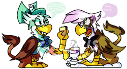 Size: 1024x552 | Tagged: safe, artist:dizzee-toaster, derpibooru import, gilda, greta, griffon, alice in wonderland, dialogue, monocle, simple background, tea, transparent background