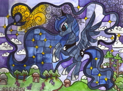 Size: 6556x4824 | Tagged: safe, artist:nightrosi, princess luna, oc, alicorn, pony, absurd resolution, night, stained glass, traditional art