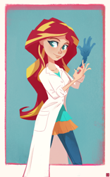 Size: 1000x1599 | Tagged: safe, artist:ajvl, sunset shimmer, equestria girls, friendship games, the science of magic, clothes, human coloration, lab coat, rubber gloves, solo, sunset the science gal