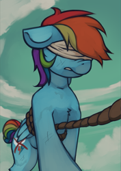 Size: 1277x1806 | Tagged: safe, artist:marsminer, rainbow dash, pegasus, pony, blindfold, bondage, bound wings, bruised, cutiemarking, dashsub, female, femsub, floppy ears, mare, rainbond dash, rope, scene interpretation, submissive, wings