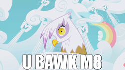 Size: 1280x720 | Tagged: safe, derpibooru import, edit, edited screencap, screencap, gilda, griffon, griffon the brush off, image macro, meme, solo, u wot m8