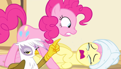 Size: 1520x867 | Tagged: safe, derpibooru import, edit, edited screencap, screencap, fluttershy, gilda, pinkie pie, earth pony, griffon, pegasus, pony, filli vanilli, crying, gilda drama, pointing