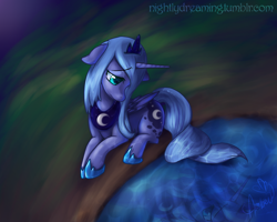 Size: 1280x1024 | Tagged: safe, artist:ambunny, princess luna, alicorn, pony, floppy ears, frown, prone, reflection, s1 luna, sad, solo, water, wet mane