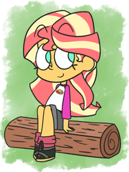 Size: 848x1128 | Tagged: safe, artist:typhwosion, sunset shimmer, equestria girls, legend of everfree, abstract background, boots, clothes, cute, log, shimmerbetes, shorts, sitting, smiling, socks, solo