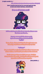 Size: 504x857 | Tagged: safe, artist:verve, sci-twi, sunset shimmer, twilight sparkle, equestria girls, ain't never had friends like us, ask, genie, glasses, implied midnight sparkle, pixel art, shantae, tumblr