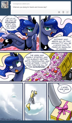 Size: 600x1023 | Tagged: safe, artist:johnjoseco, derpy hooves, princess luna, alicorn, pegasus, pony, ask gaming princess luna, candy, chocolate, cloud, cloudy, comic, female, food, hearts and hooves day, letter, love letter, mare, present, tumblr, valentine, wheel