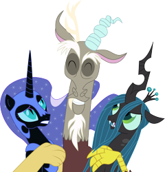 Size: 10372x10800 | Tagged: safe, artist:red-pear, discord, nightmare moon, queen chrysalis, changeling, changeling queen, absurd resolution, group hug, hug, simple background, transparent background, vector