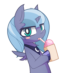 Size: 750x880 | Tagged: safe, artist:aurura, princess luna, alicorn, pony, blushing, female, horn, looking at you, mare, milkshake, pixiv, s1 luna, simple background, solo, tongue out, transparent background, wings