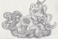 Size: 1024x690 | Tagged: safe, artist:inurantchan, princess luna, alicorn, pony, cloud, monochrome, solo, traditional art