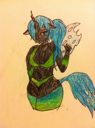 Size: 1530x2048 | Tagged: safe, queen chrysalis, anthro, changeling, changeling queen, female, green eyes, horn, solo