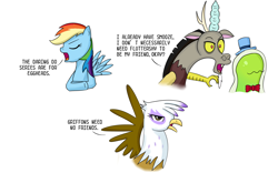 Size: 1920x1200 | Tagged: safe, artist:vanillafox2035, derpibooru import, discord, gilda, rainbow dash, smooze, griffon, pegasus, pony, make new friends but keep discord, read it and weep, the lost treasure of griffonstone, dialogue, disdere, gildere, tsunderainbow, tsundere