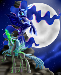 Size: 900x1100 | Tagged: safe, artist:swanlullaby, nightmare moon, queen chrysalis, changeling, changeling queen, female, horn, moon