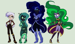 Size: 1212x712 | Tagged: safe, artist:captainsnarkyninja, derpibooru import, gilda, mane-iac, nightmare moon, queen chrysalis, changeling, changeling queen, equestria girls, equestria girls-ified