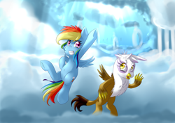 Size: 1600x1133 | Tagged: safe, artist:sourspot, derpibooru import, gilda, rainbow dash, griffon, pegasus, pony, chickub, cute, dashabetes, filly, gildadorable, li'l gilda