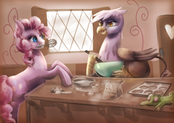 Size: 1200x848 | Tagged: safe, artist:nalenthi, derpibooru import, gilda, gummy, pinkie pie, earth pony, griffon, pony, the lost treasure of griffonstone, baking, cute, diapinkes, eye contact, flour, gildadorable, leaning, mouth hold, open mouth, smiling, stirring