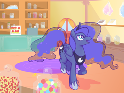 Size: 800x597 | Tagged: safe, artist:kelsea-chan, princess luna, alicorn, pony, candy, cute, lunabetes, shop, solo