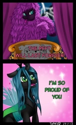 Size: 468x768 | Tagged: safe, artist:themisdolorous, queen chrysalis, oc, oc:fluffle puff, changeling, changeling queen, comic, corrupted, lightning, nightmare puff, nightmarified, pfft
